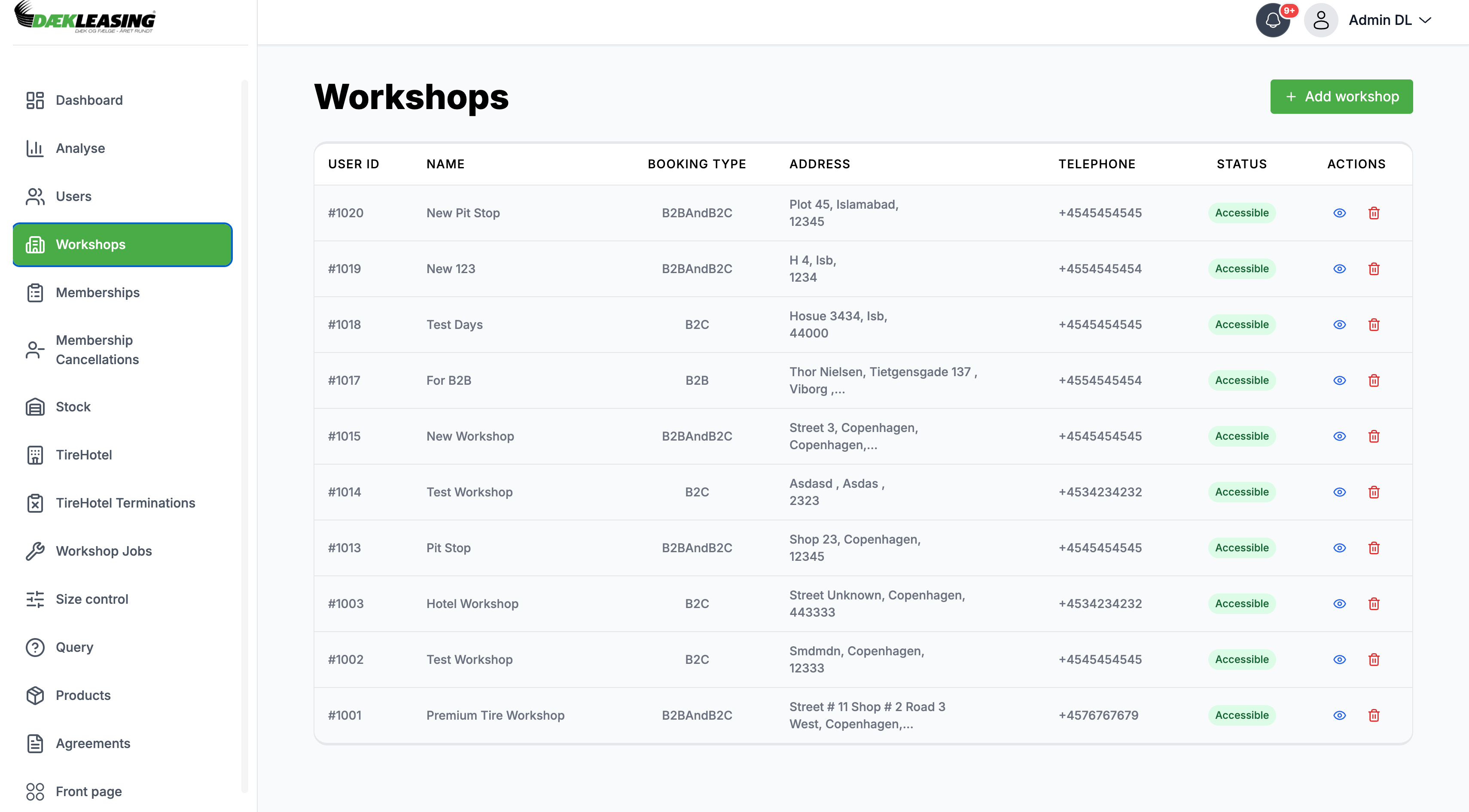 Admin panel. The workshop partner network, and how each workshop takes bookings.