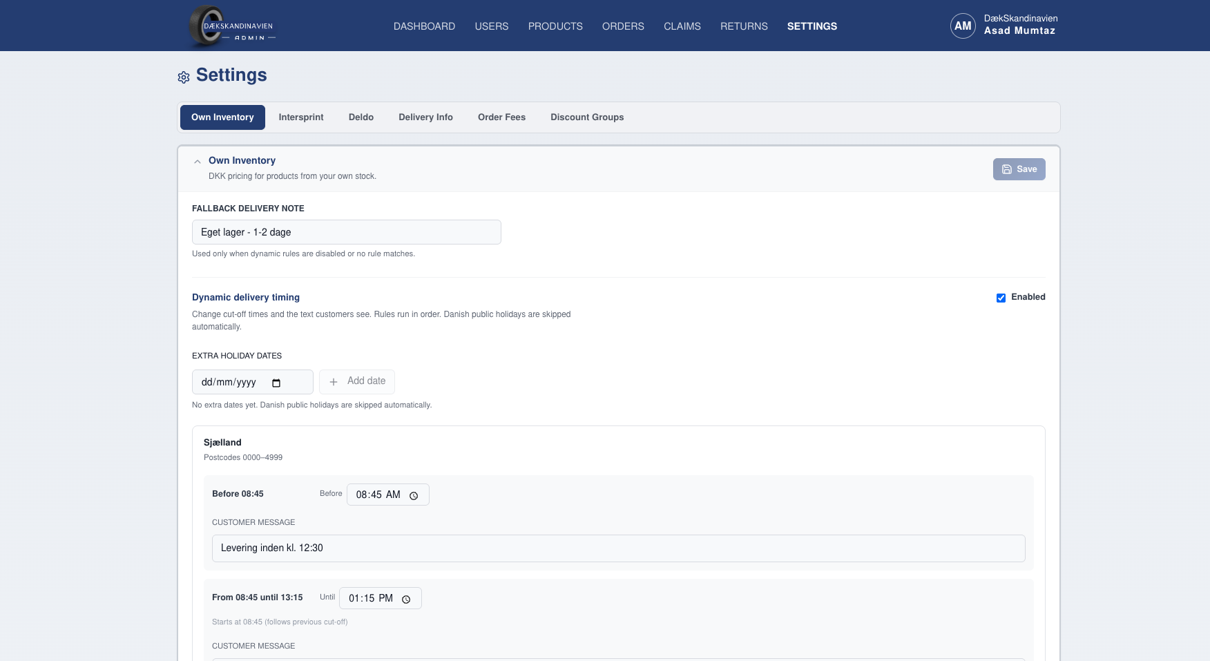 Admin panel. Delivery cut-off rules per region, skipping Danish public holidays automatically.
