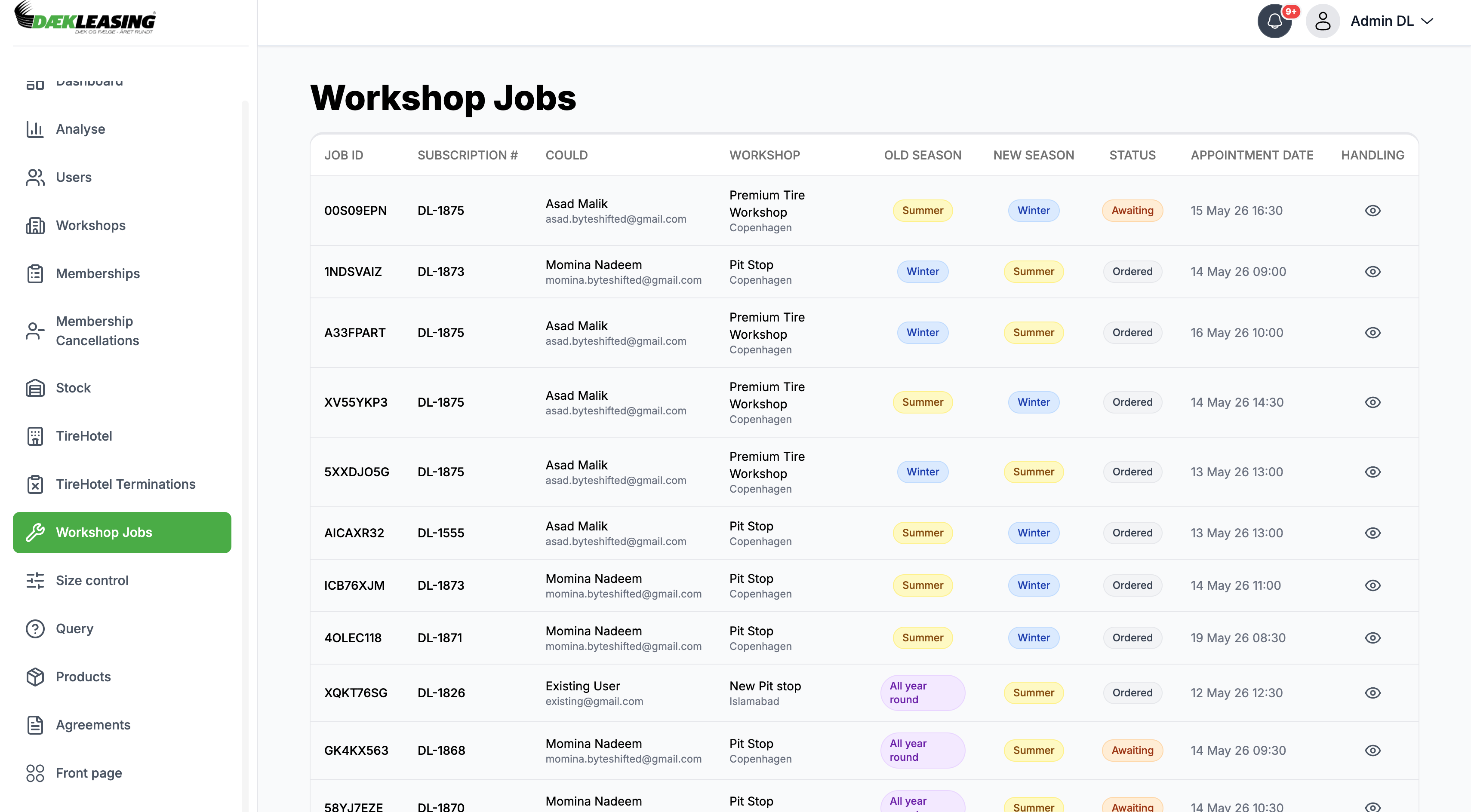 Admin panel. Seasonal summer and winter changeovers booked as workshop jobs.