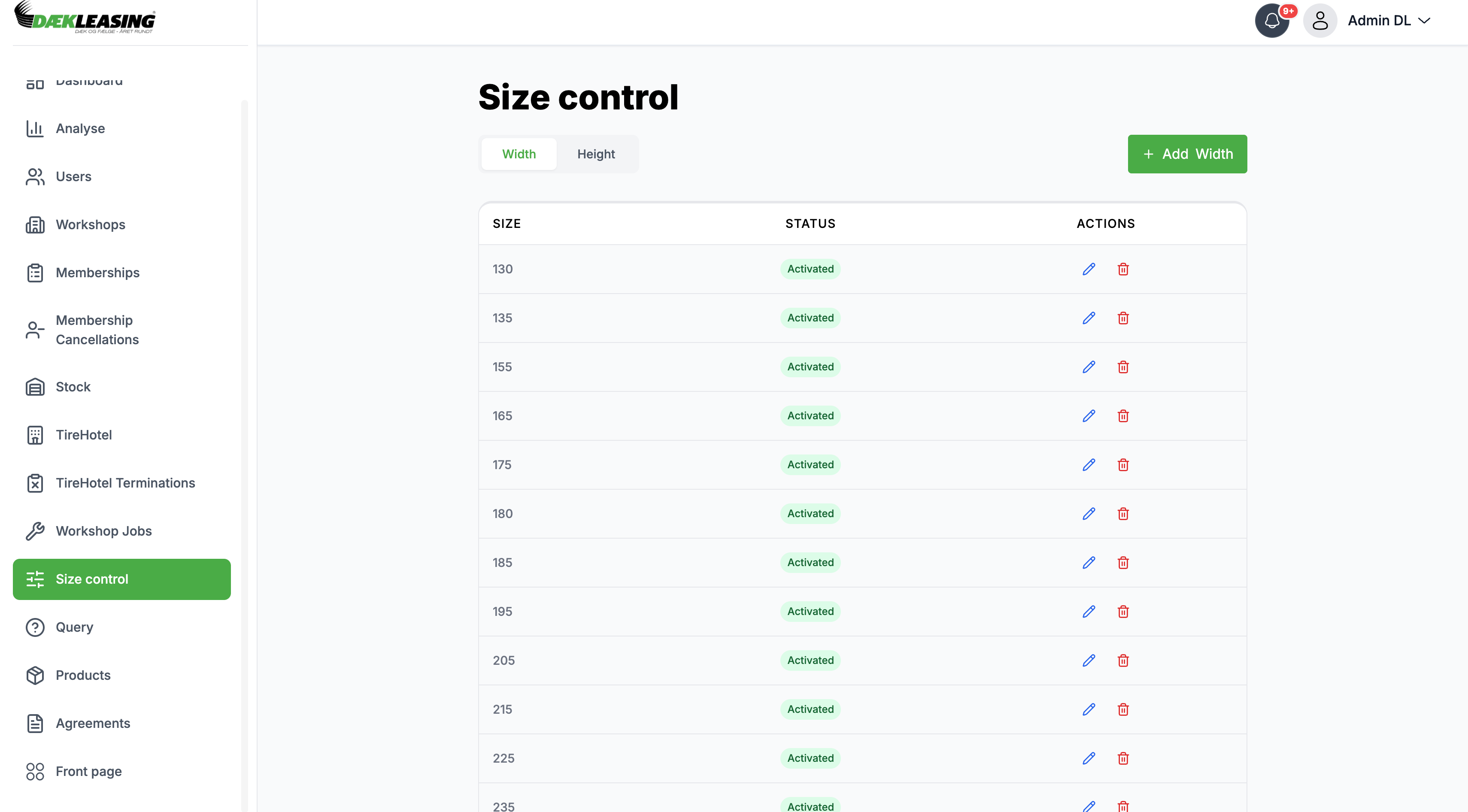 Admin panel. The tyre size catalogue the whole platform prices against.