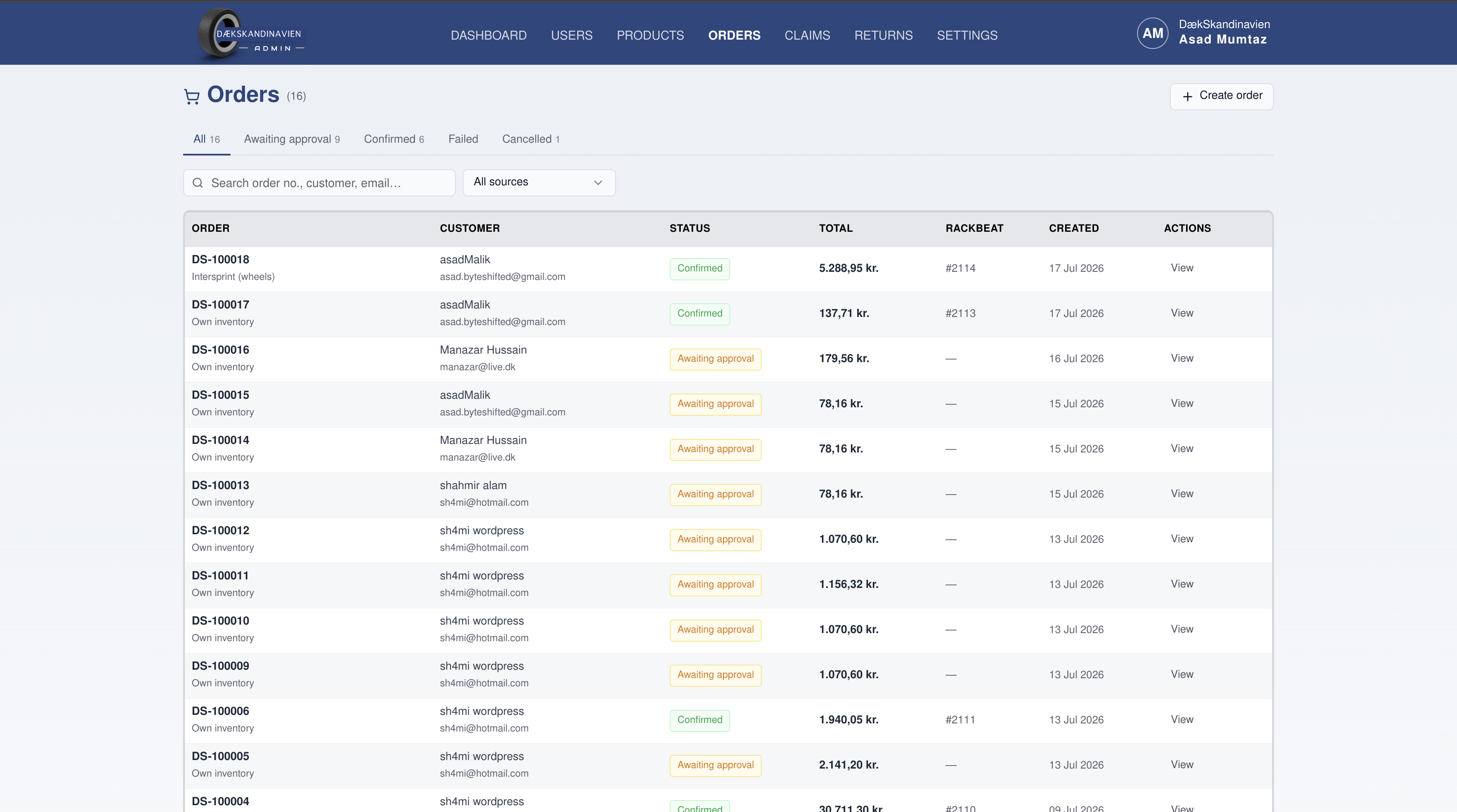 Admin panel. Every order through its approval queue, tagged with the stock it came from.