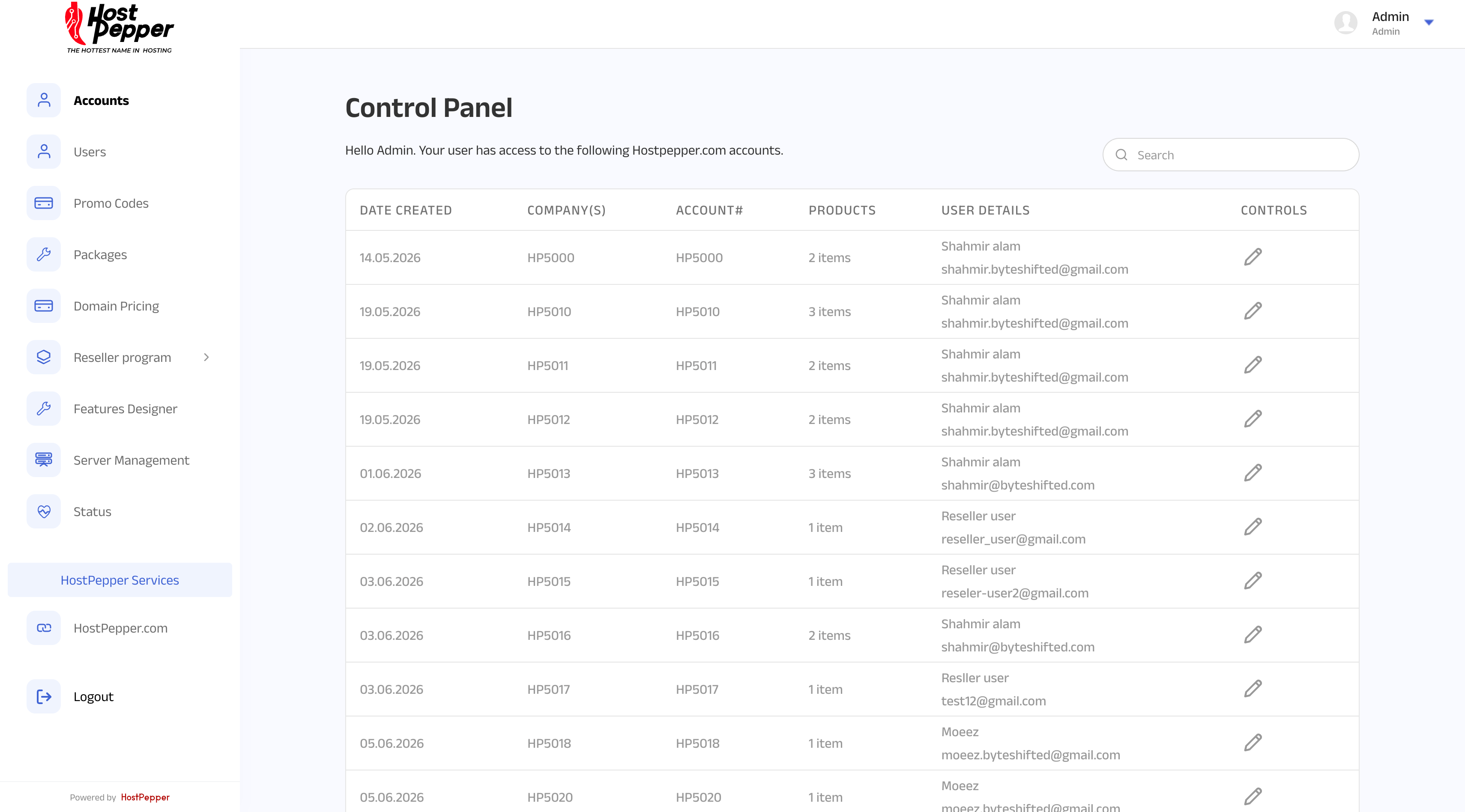 Admin panel. Every hosting account, its products and its owner in one searchable list.