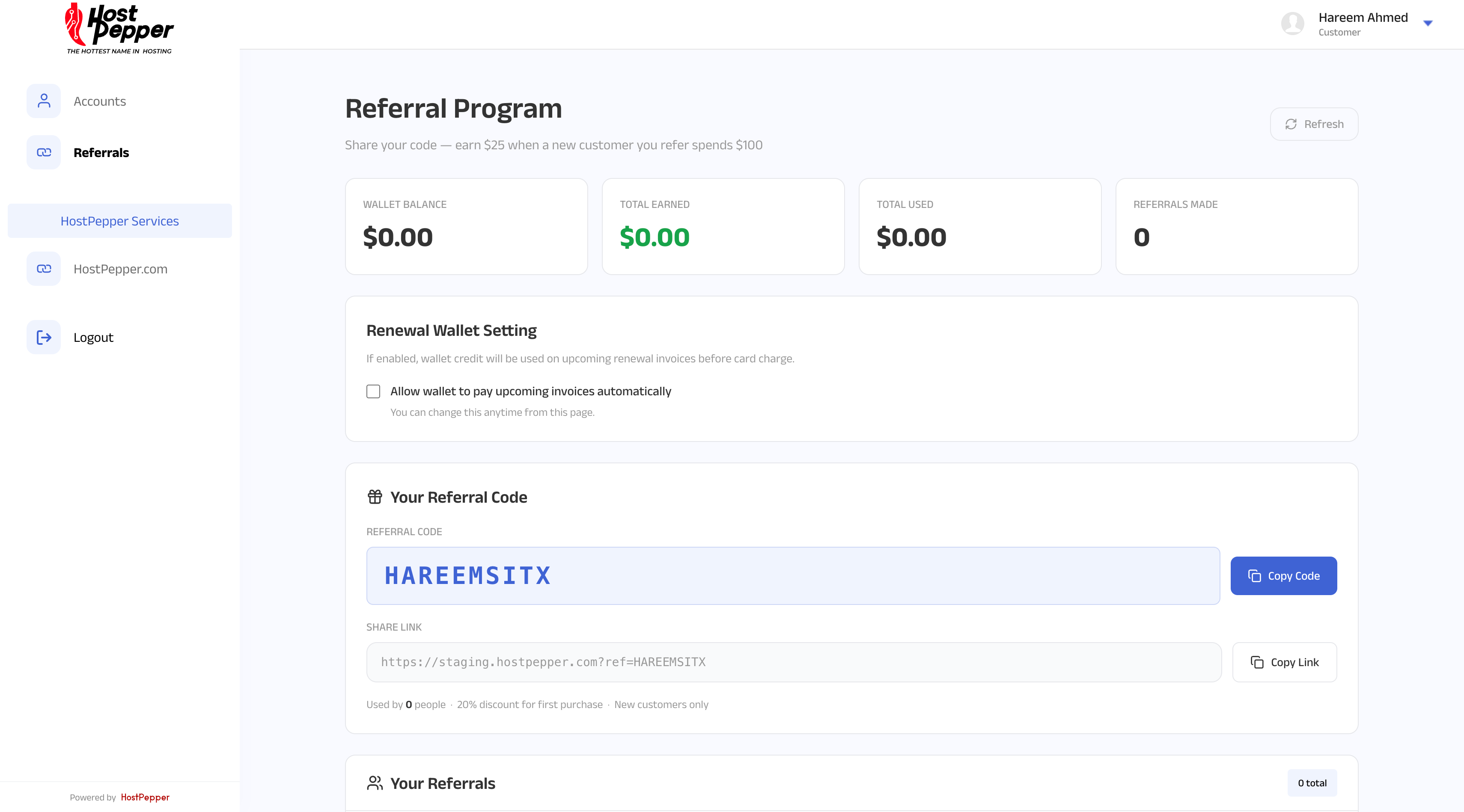 The referral wallet in the customer panel, where rewards pay down the next invoice.