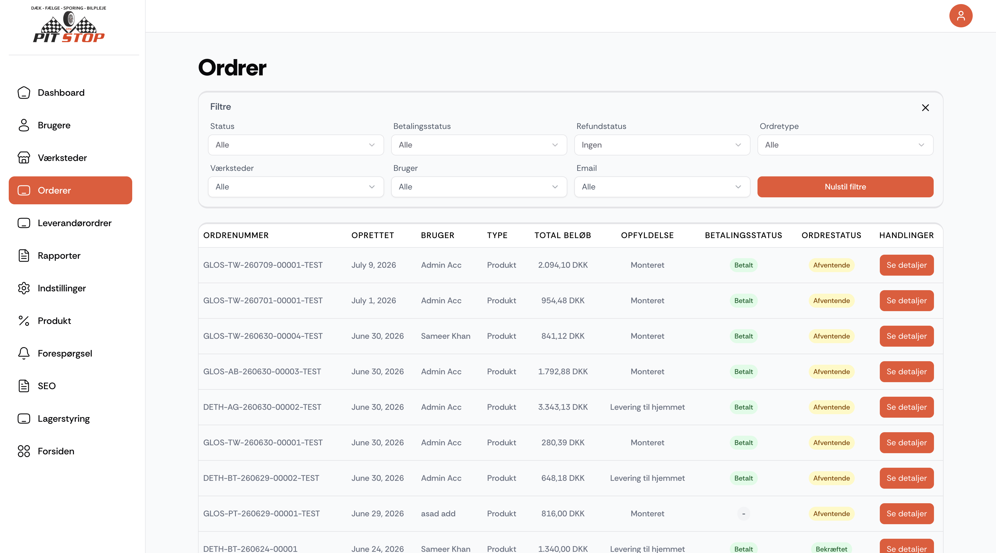 Admin panel. Orders filtered by payment, refund and whether the customer chose fitting or delivery.