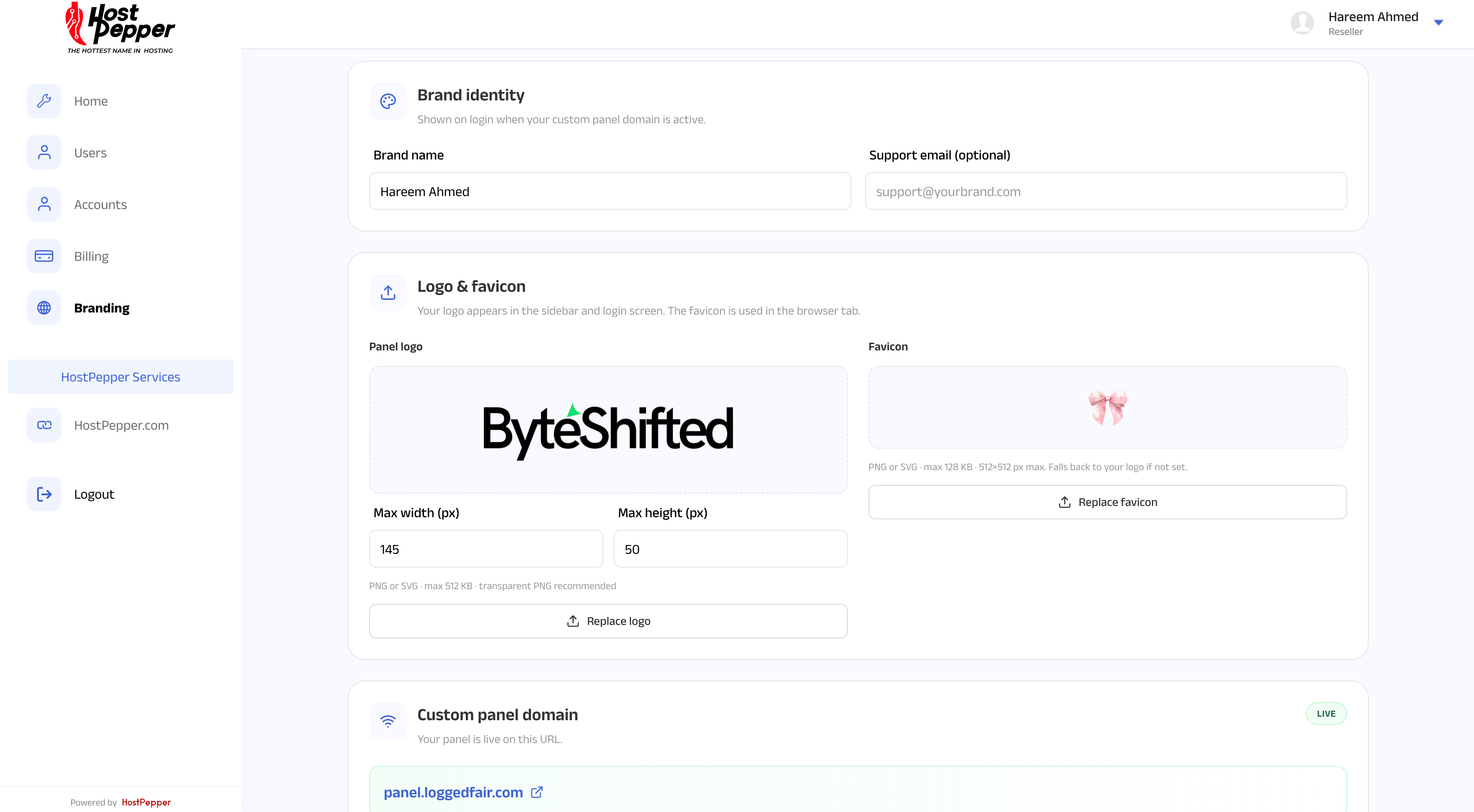 Reseller panel. Logo, favicon and a custom panel domain the platform verifies.