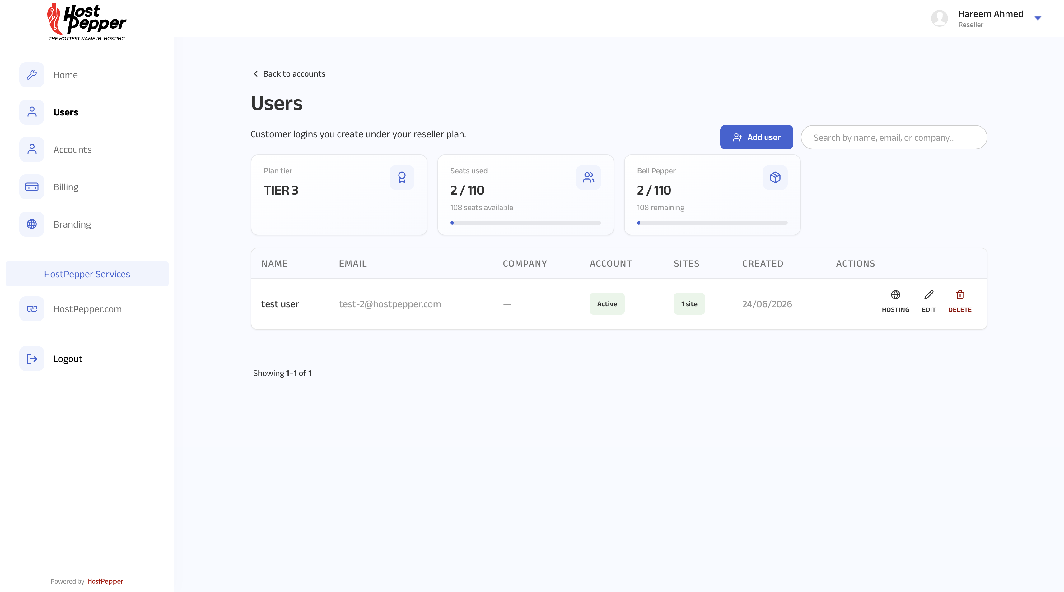 Reseller panel. Customer logins created against the tier’s seat quota.
