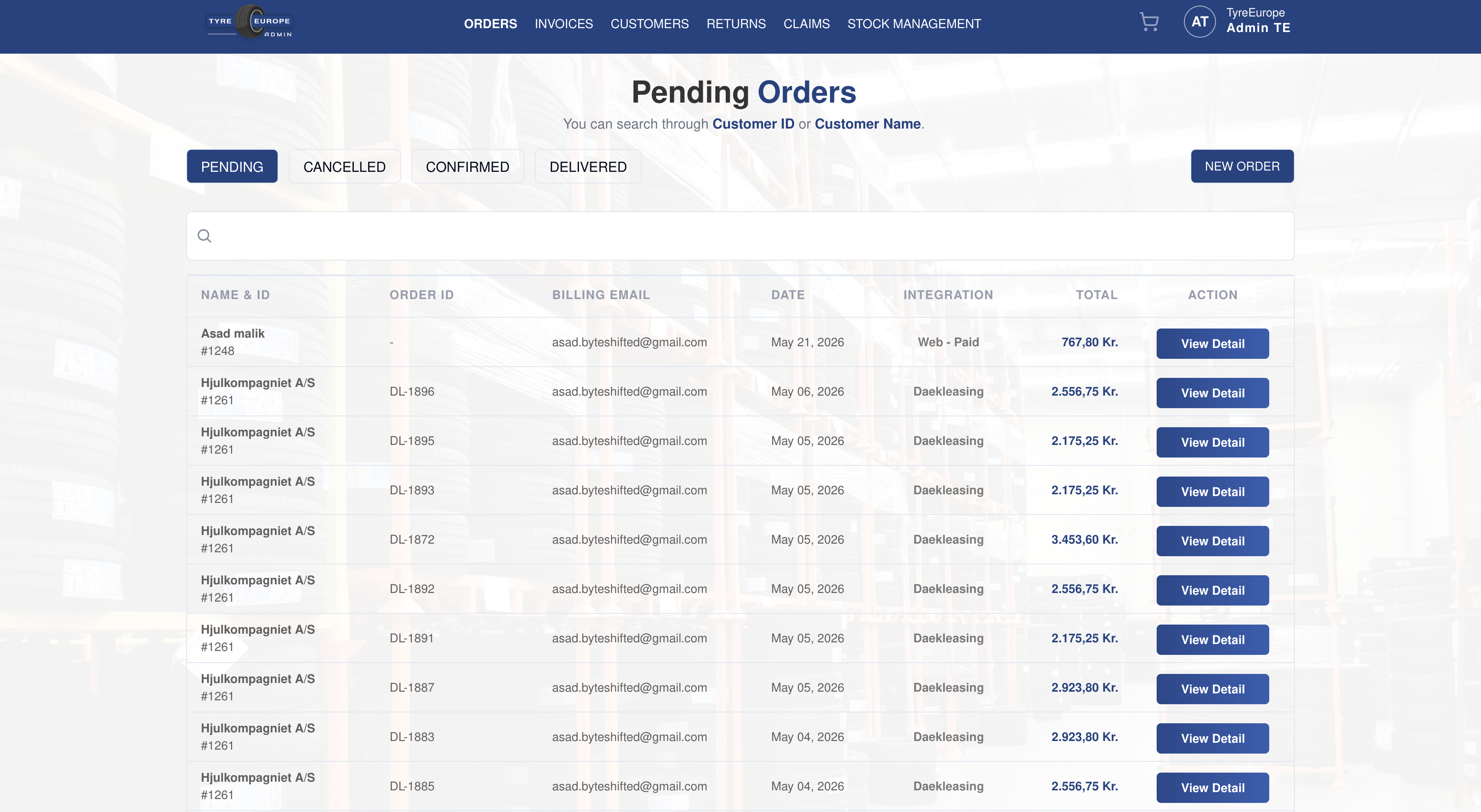 Admin panel. Orders from the storefront and connected partner systems, worked through to delivered.