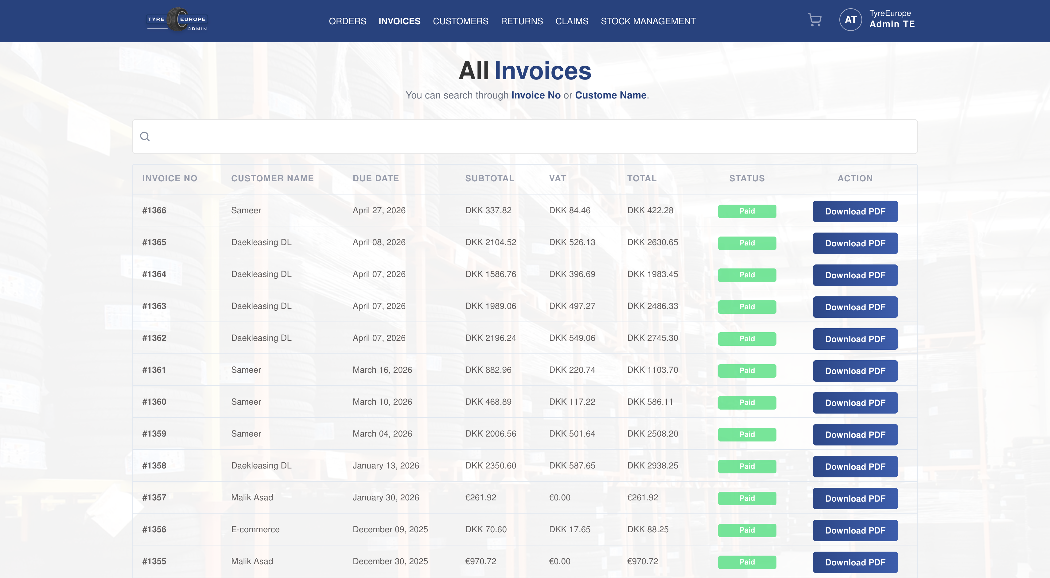 Admin panel. Invoices raised with VAT for the right market, downloadable as PDF.