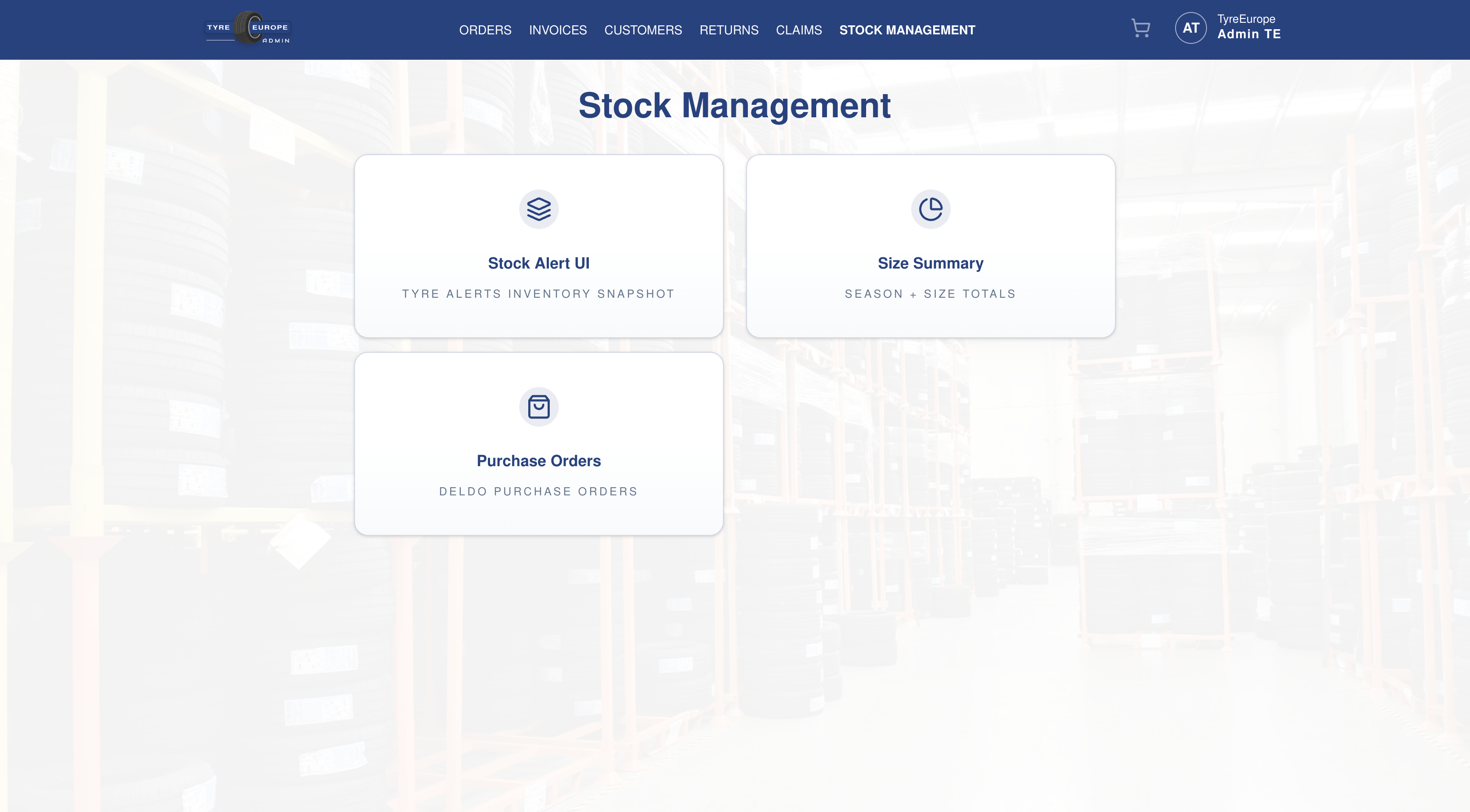 Admin panel. Stock alerts, season and size summaries, and purchase orders in one place.